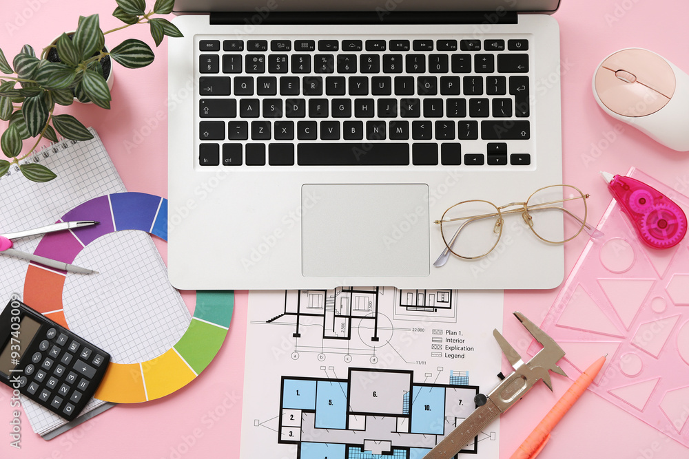 Poster Architect's supplies with laptop and house plan on pink background