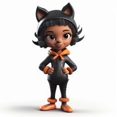 Cute Cartoon Girl in Cat Costume Illustration - 3D Rendered Character Design, Halloween Kid's Outfit