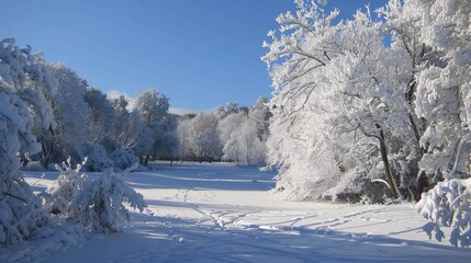 Tranquil Winter Wonderland - Serene Snowy Landscape with Snow-Covered Trees and Blue Sky