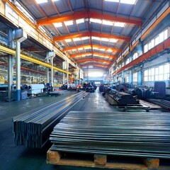 Naklejka premium factory producing rolled steel, AI generated