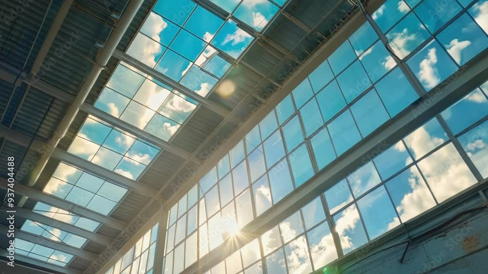 Poster sunlight shining through the windows of a modern production hall, creating a bright and airy atmosph