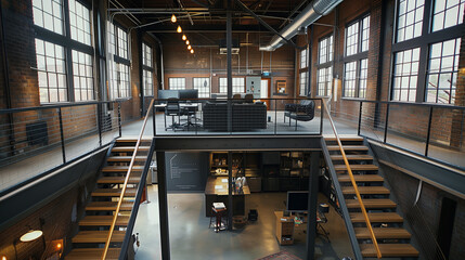 Utilize vertical space by incorporating lofted work areas or offices above the main floor. Use metal staircases and railings to maintain the industrial aesthetic, office interior design 