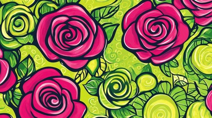 A vibrant floral pattern featuring pink and green roses on a bright background.