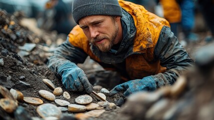 Male archaeologist examining artifacts during excavation outdoors at archaeological dig site.