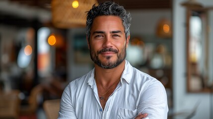 Fototapeta premium A confident man with curly gray hair and a beard, wearing a white shirt, stands with arms crossed in a stylish, modern interior. Soft lighting and a relaxed atmosphere enhance the portrait.