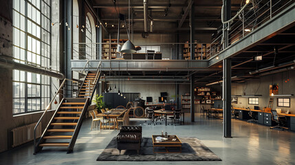 Utilize vertical space by incorporating lofted work areas or offices above the main floor. Use metal staircases and railings to maintain the industrial aesthetic, office interior design 
