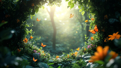 A butterfly garden with a large hole in the middle. There are many butterflies flying around the garden