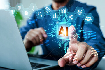 Hand touch AI Artificial Intelligence technology digital icon for business industry analysis...