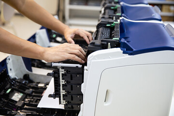Technician replace ink cartridges of printer toner low and fix repair problem paper or print...