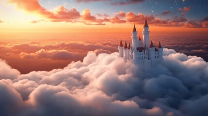 Fototapeta premium Dreamlike castle floating above clouds, merging with celestial skies, stars twinkling around, magical and mysterious atmosphere