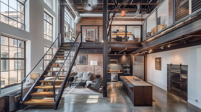 Utilize vertical space by incorporating lofted work areas or offices above the main floor. Use metal staircases and railings to maintain the industrial aesthetic, office interior design 