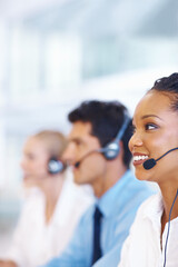 Business people, telemarketing and woman with call center, help desk and communication with...