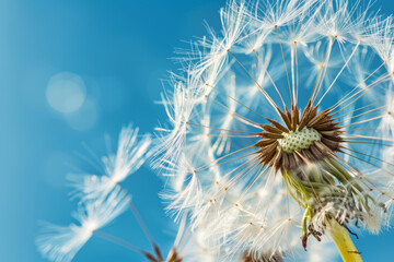 Obraz premium A close up of a dandelion flower with a blue sky in the background. The flower is the main focus of the image, and it is in full bloom