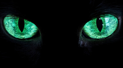 Green eyes of a black cat. Close-up.