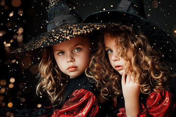 Fototapeta premium Two little girls in halloween costumes and witch hats on black background.
