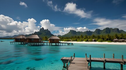 Luxury overwater villas on blue lagoon, white sandy beach and Otemanu mountain at Bora Bora island, Tahiti, French Polynesia. generative.ai
