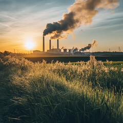 Fototapeta premium A large industrial factory was emitting black smoke from several chimneys against an orange sky as the sun set. The background is a lush green forest. This image represents the environmental problems 