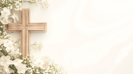 Composition with a Christian wooden cross and flowers against muted white background with copy space for text. Funeral template