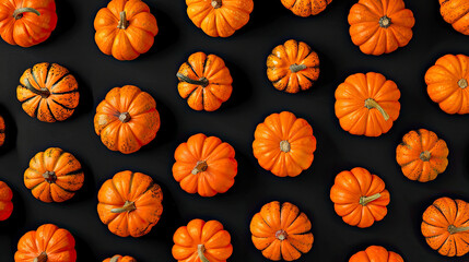 Pumpkins pattern on black background. Flat lay, top view.
