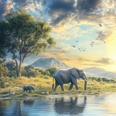 Naklejka premium This photo shows a large African elephant walking in shallow water in the middle of a forest. The photo is beautifully and emotionally captured.