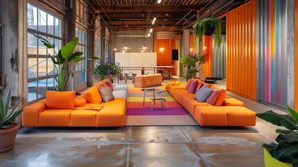 comfortable breakout areas within the warehouse using lounge seating, soft lighting, and colorful decor. These spaces can serve as relaxation zones, collaborative meeting areas, or casual workstations
