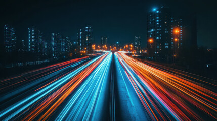 Fototapeta premium Long exposure of a road with blue and red and orange light trails of passing vehicles at night city background
