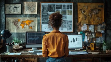 Female demographer analyzing population data in research center with world maps during daytime.