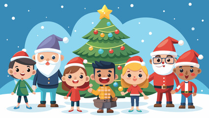Cartoon Characters in Santa Hats Around Christmas Tree. Perfect for: Christmas, Holiday parties, Children's events, Family gatherings