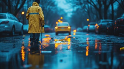 Crime scene detective examining evidence on rainy night in urban street with yellow taxi.