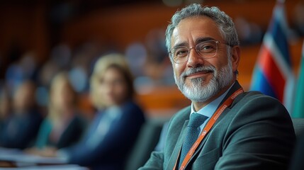 Fototapeta premium Senior male diplomat attending formal international conference meeting. concept of diplomacy and global relations.