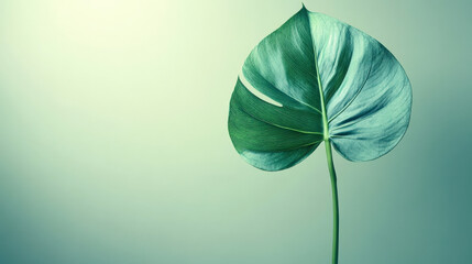 Monstera leaf in the center of a soft gradient background, transitioning from a pale green to white, with ample copy space