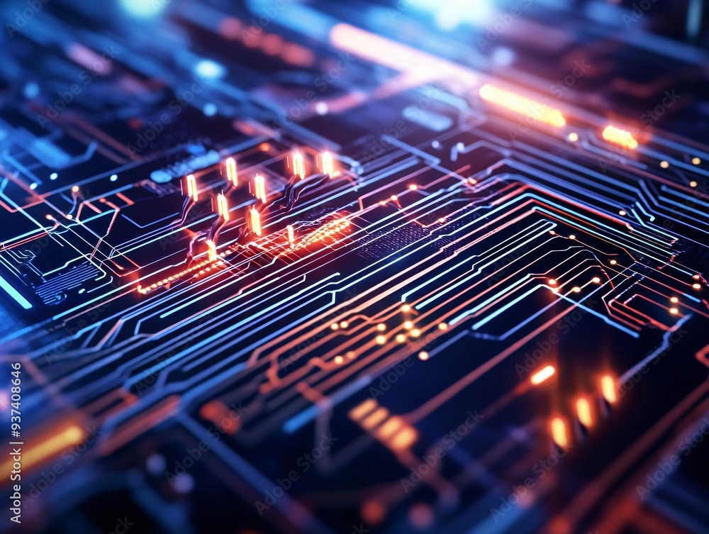 Poster abstract circuit board design with vivid colors and glowing elements, representing technology and di