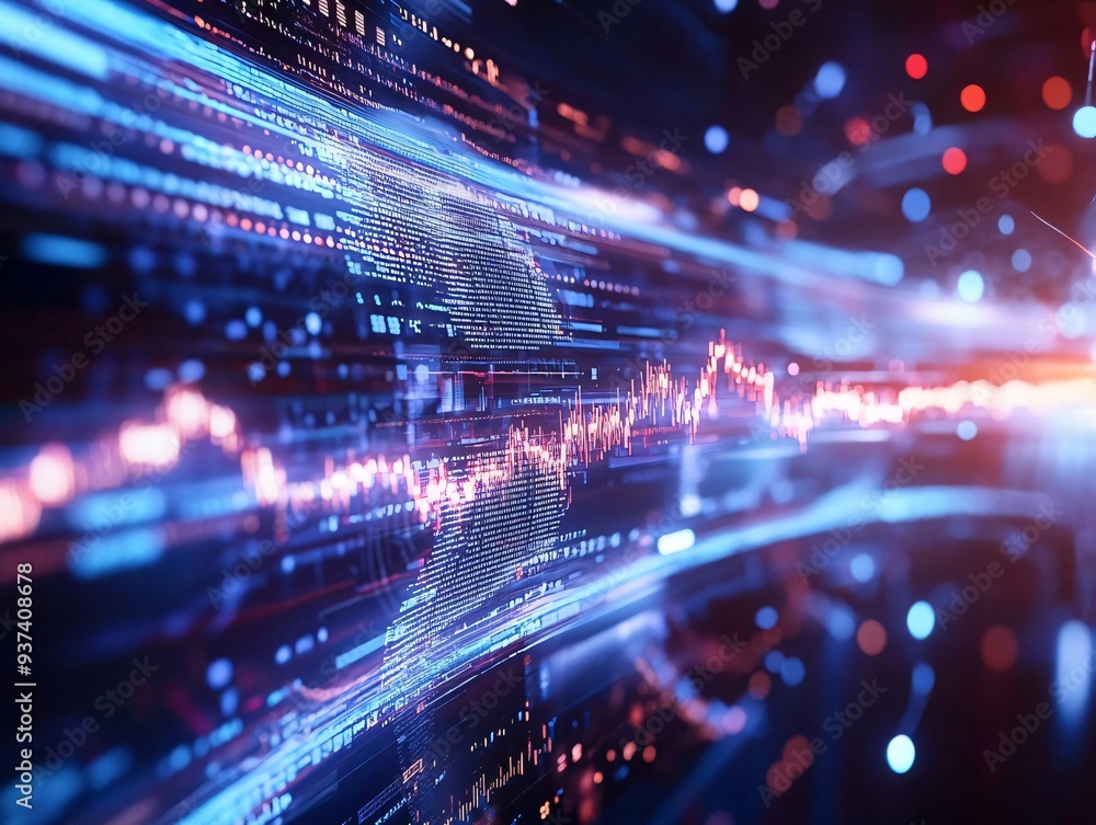 Poster abstract digital background with vibrant light trails and dynamic data flow, symbolizing technology 