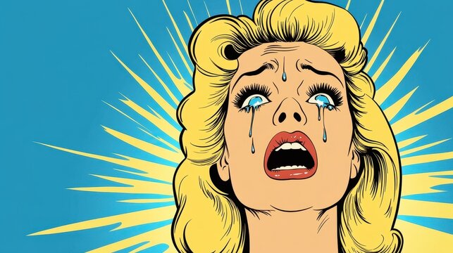 A vibrant pop art piece capturing a blonde woman in anguish, her tears reflecting heartbreak and betrayal.