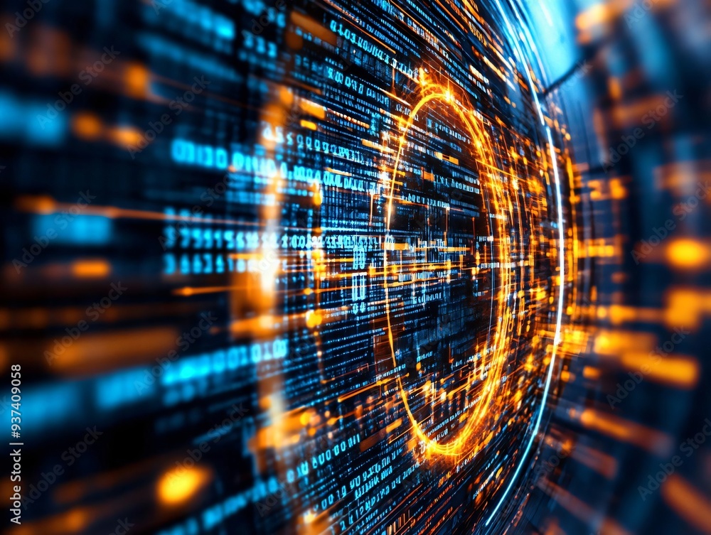 Poster futuristic data visualization with vibrant blue and orange light streaks representing digital inform