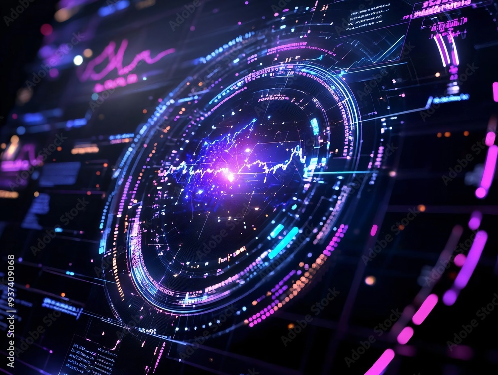 Poster futuristic digital interface showcasing vibrant data visualization and analytics in a high-tech envi