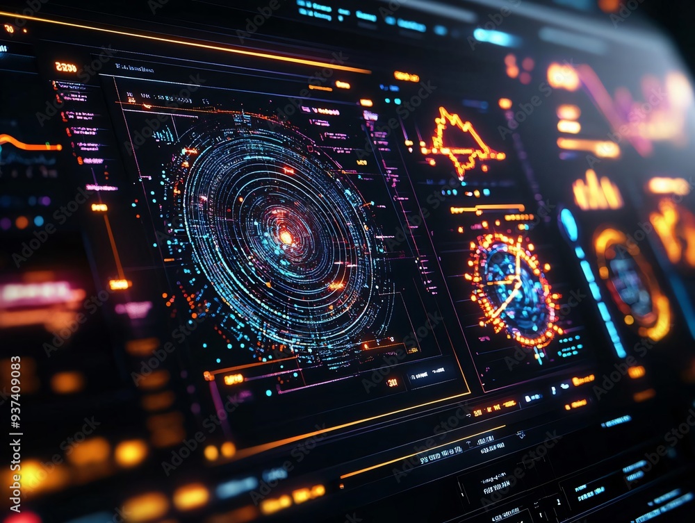 Poster futuristic digital interface with data visualization, graphs, and metrics. perfect for technology an