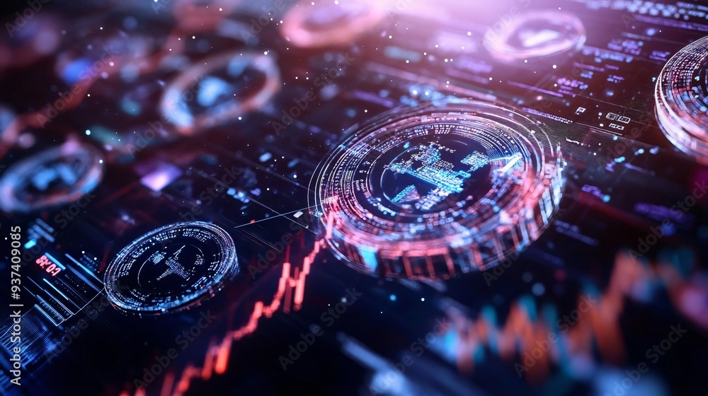 Poster futuristic digital interface showing data analytics with graphs and icons, ideal for technology and 