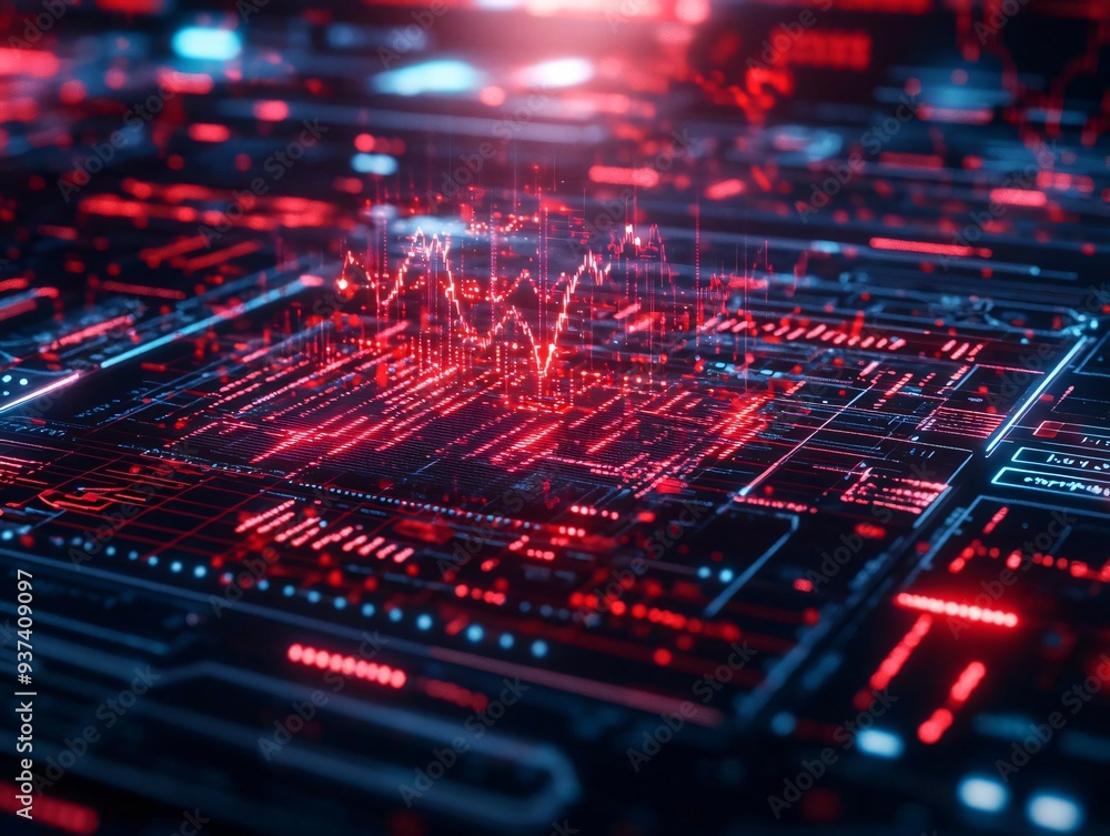 Poster futuristic digital interface with glowing red and blue elements, showcasing data visualization and h