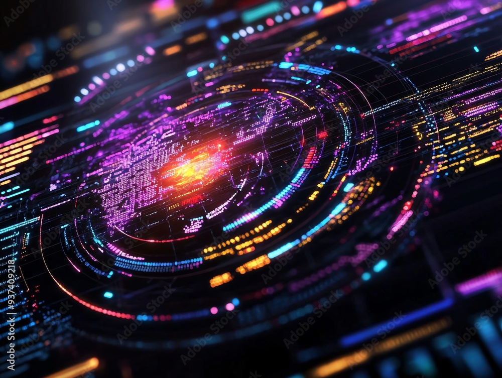 Poster vibrant digital abstract featuring colorful lines and patterns, representing data visualization and 