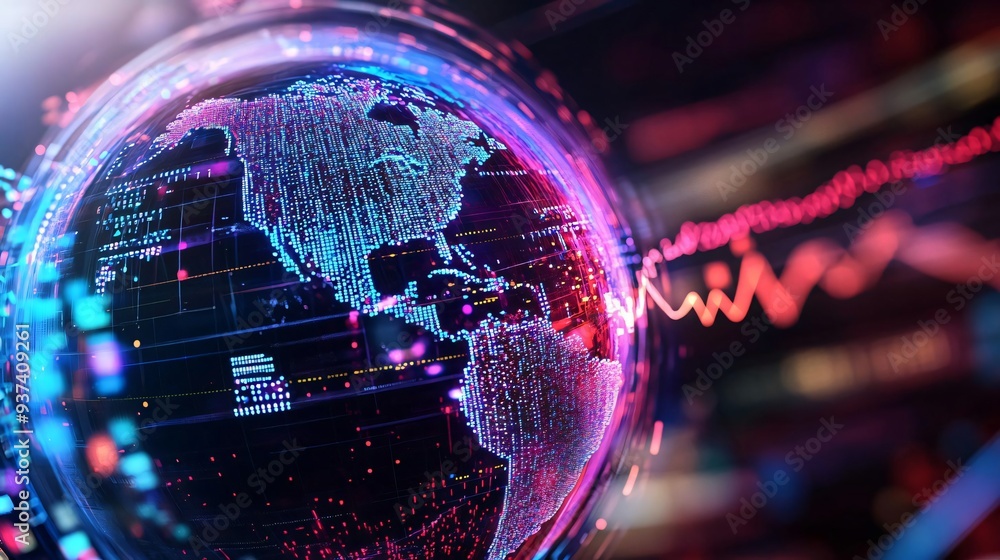 Poster vibrant digital globe design showcasing global connectivity and data visualization, ideal for techno