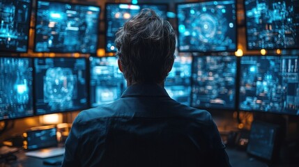 Intelligence analyst examining security threats on multiple screens in a secure government office