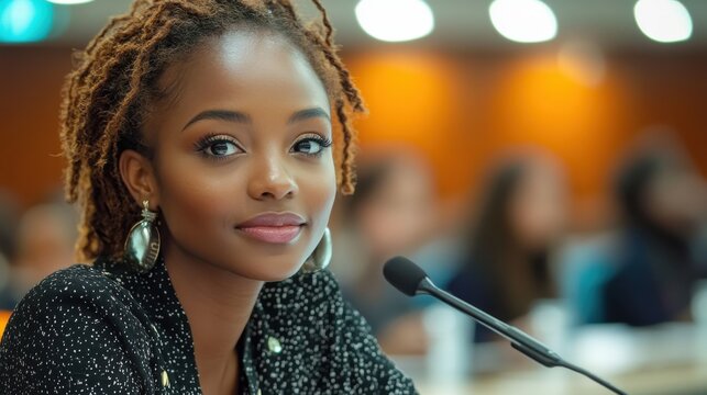 Black woman interpreter at conference with attentive participants in background during daytime.