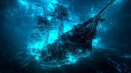 A mysterious ghost ship submerged in deep blue waters, evoking an atmosphere of wonder and intrigue beneath the ocean's surface.