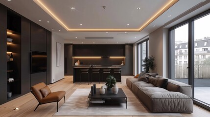 A modern living room featuring a stylish sofa, a coffee table, and a sleek kitchen in the background. The space is well-lit with recessed lighting and large windows, showcasing a contemporary design.