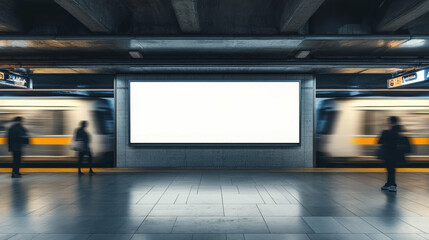 A white billboard is in a subway station with a train passing by. The billboard is empty and the train is moving quickly. The scene is busy with people walking around