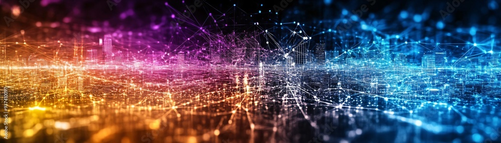 Poster a vibrant abstract background featuring colorful lines and glowing lights, representing data flow an