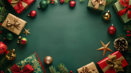 A green background with a Christmas tree and presents. The presents are in various sizes and colors, and there are many decorations such as balls and ribbons. Scene is festive and joyful