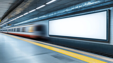 A train is passing by a large white billboard. The billboard is empty and the train is moving quickly. The scene is set in a subway station, with the train and the billboard being the main focus