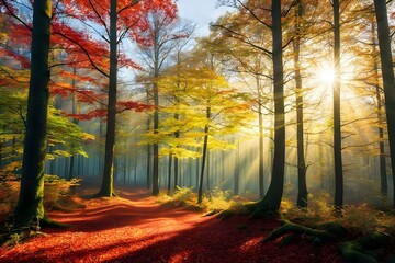 Obraz premium Sunrays piercing through vibrant autumn forest with red and yellow foliage, creating a serene and tranquil scene. Ideal for themes like nature, seasons, tranquility and beauty